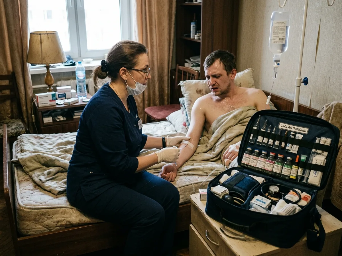Врач-нарколог снимает ломку у пациента на дому, медицинская сумка с препаратами открыта, напряжённая но профессиональная атмосфера