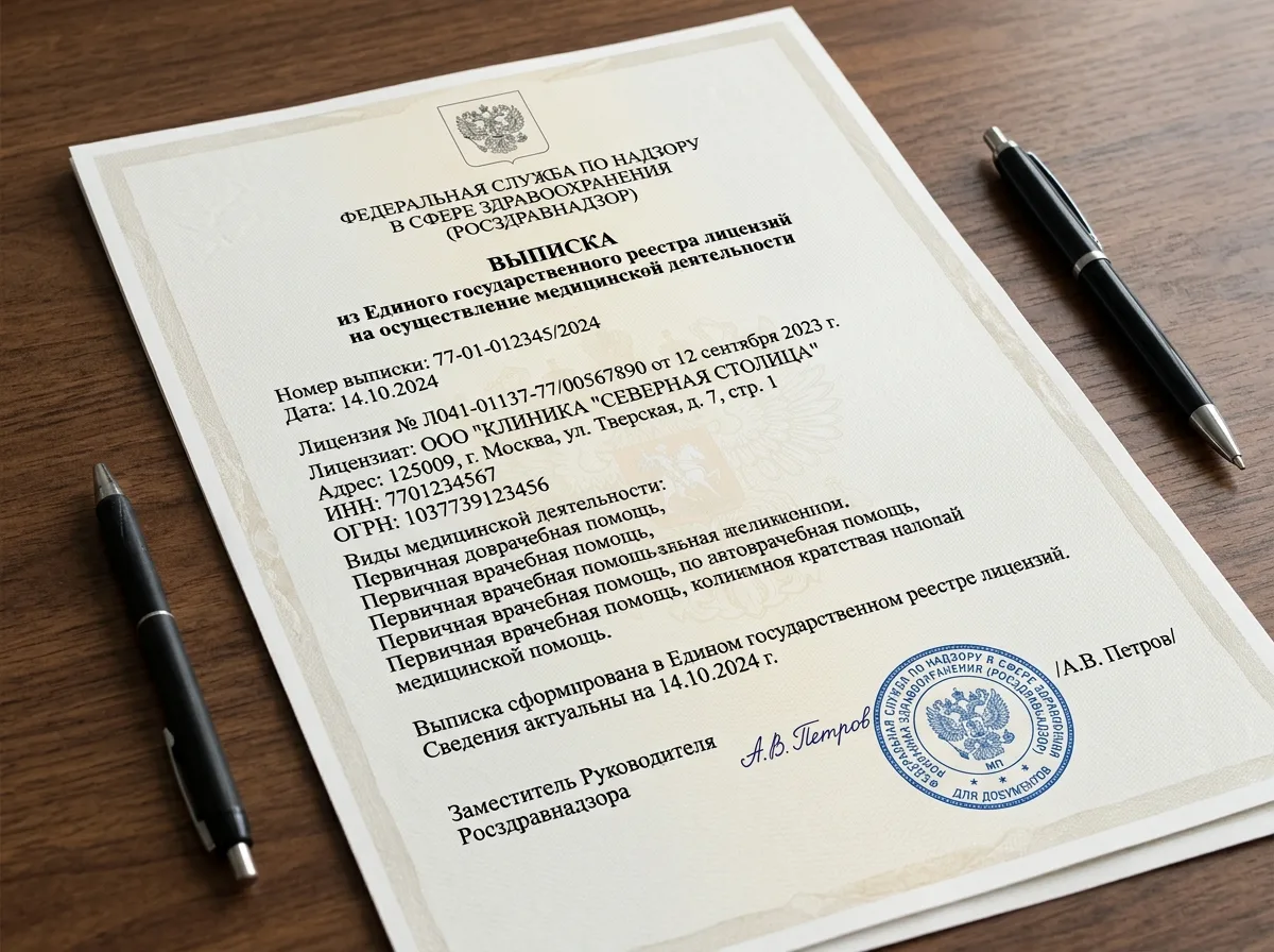 Выписка из государственного реестра лицензий на медицинскую деятельность, официальный документ с подписью и печатью Росздравнадзора