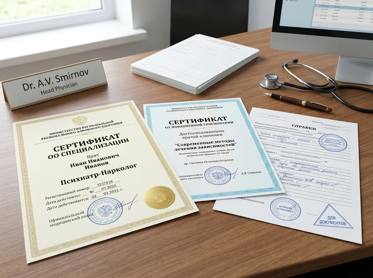 Сертификаты специалистов нарколога-психиатра, документы о повышении квалификации врачей клиники, официальные медицинские удостоверения