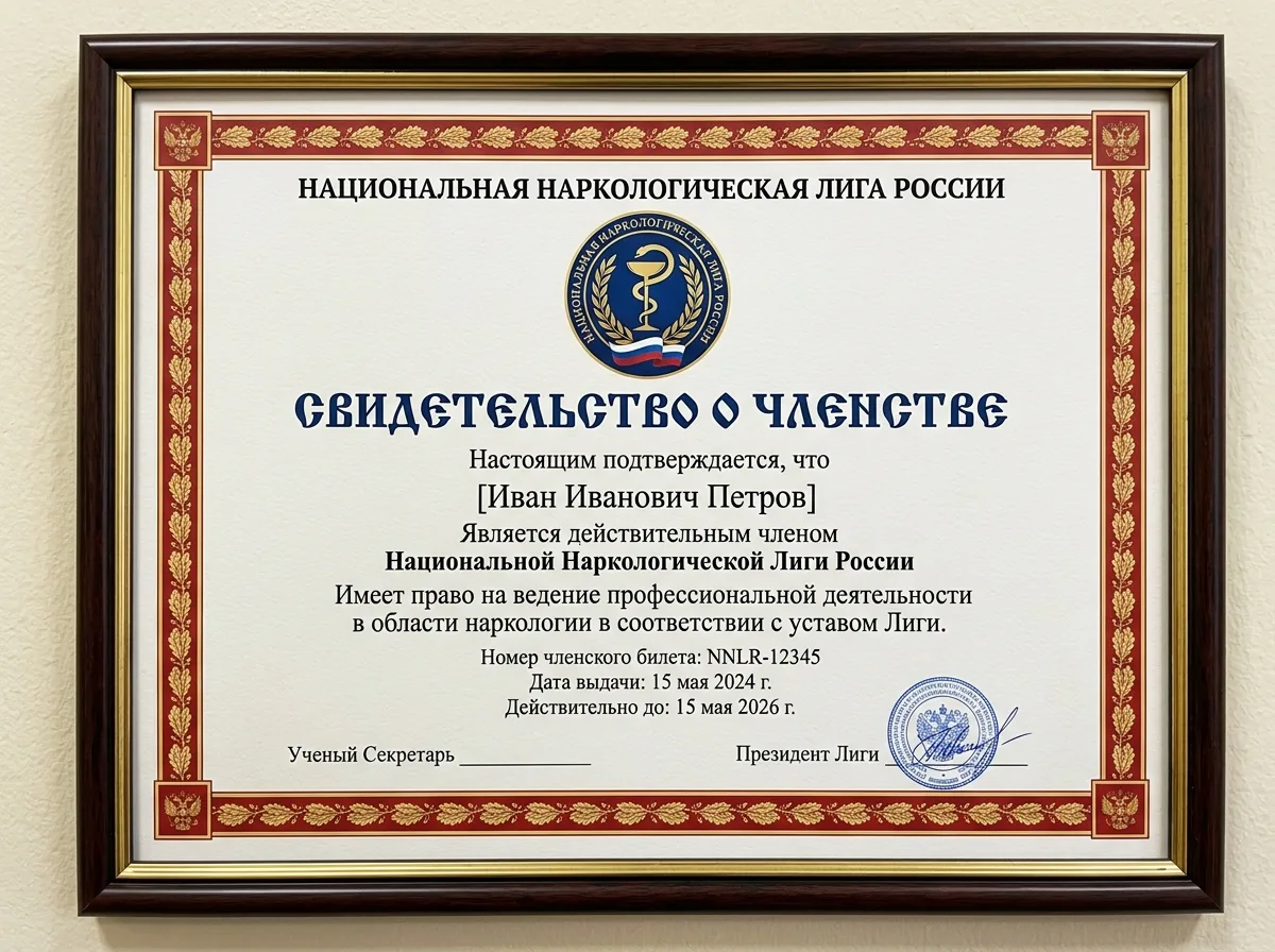 Свидетельство о членстве в Национальной наркологической лиге России, официальный документ профессиональной ассоциации наркологов